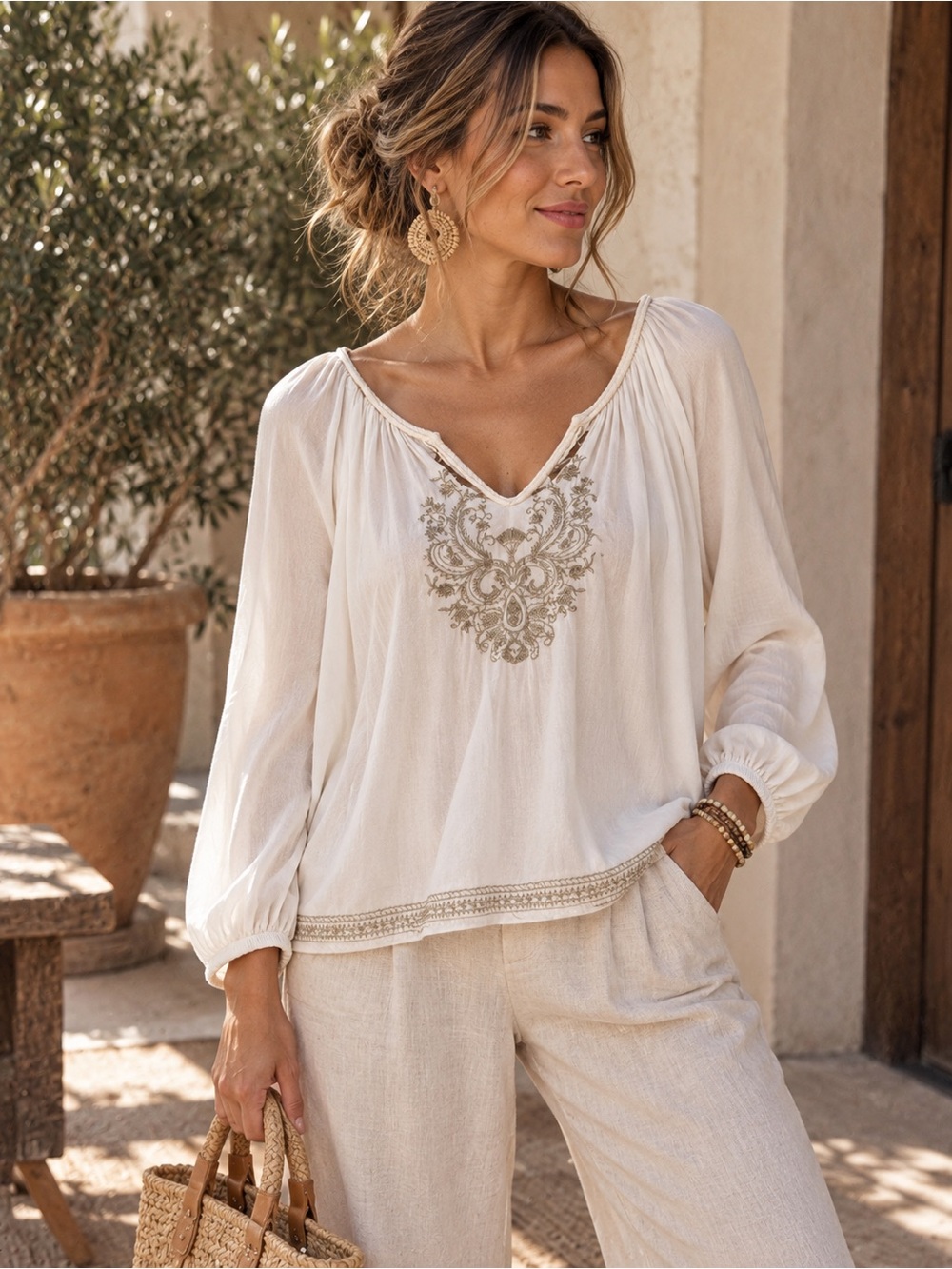 Boho Embroidered Ivory Peasant Blouse